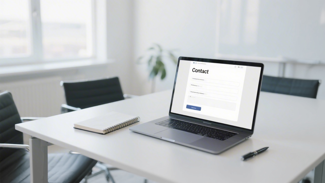 Bright meeting room with a laptop open on a contact form, a notebook and a pen on the table, indicating a professional communication setting.
