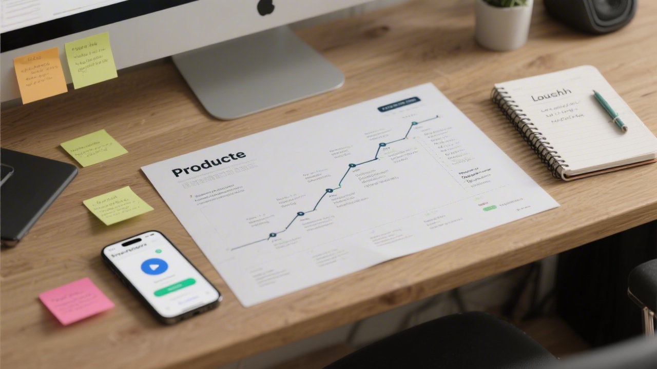 Realistic photo of a desk with printed product roadmap, small sticky notes, a smartphone showing a prototype app screen, and a notebook with launch notes.