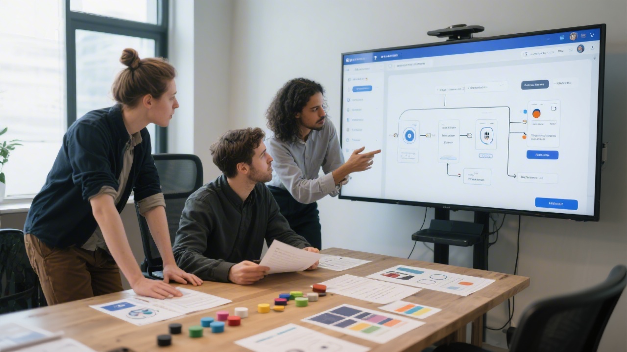 Team members reviewing a digital prototype on a large screen, with printed user flow diagrams and design tokens on a table, showing practical collaboration.